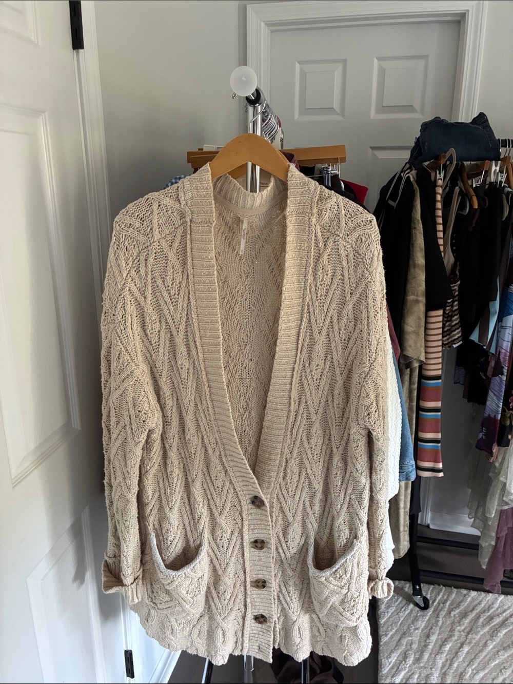 Free People Cream Cable Knit Button-Up Cardigan